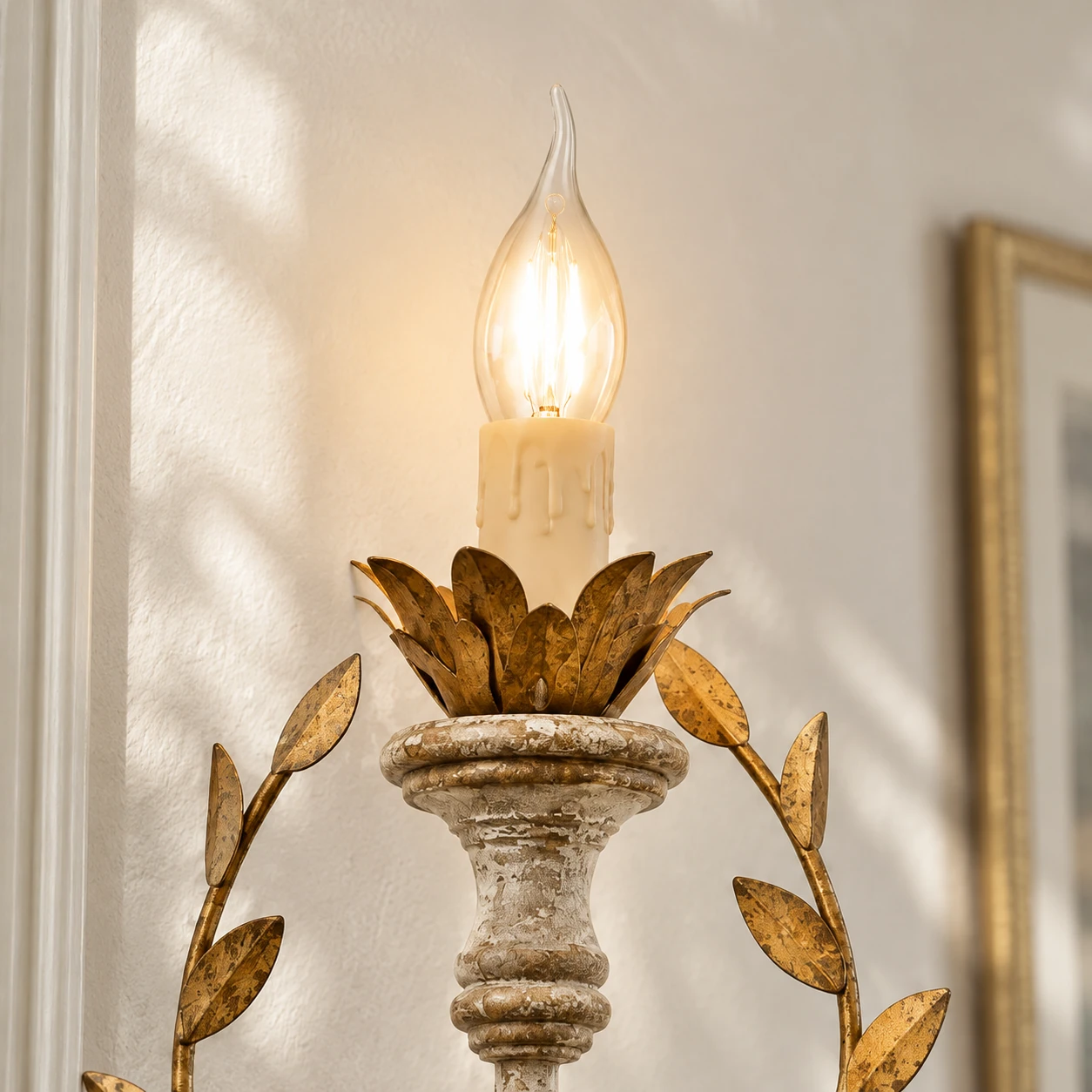 Close detail of the leaf cup and candle-shaped light