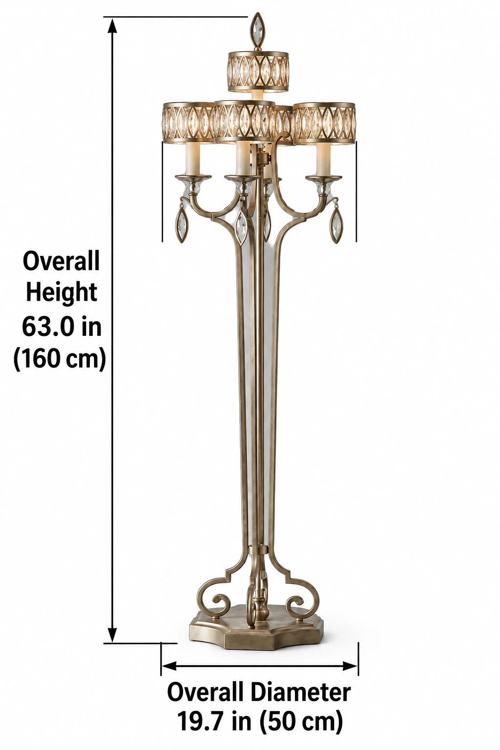 Floor lamp dimensions: overall diameter 19.7 inches or 50 centimetres; overall height 63.0 inches or 160 centimetres