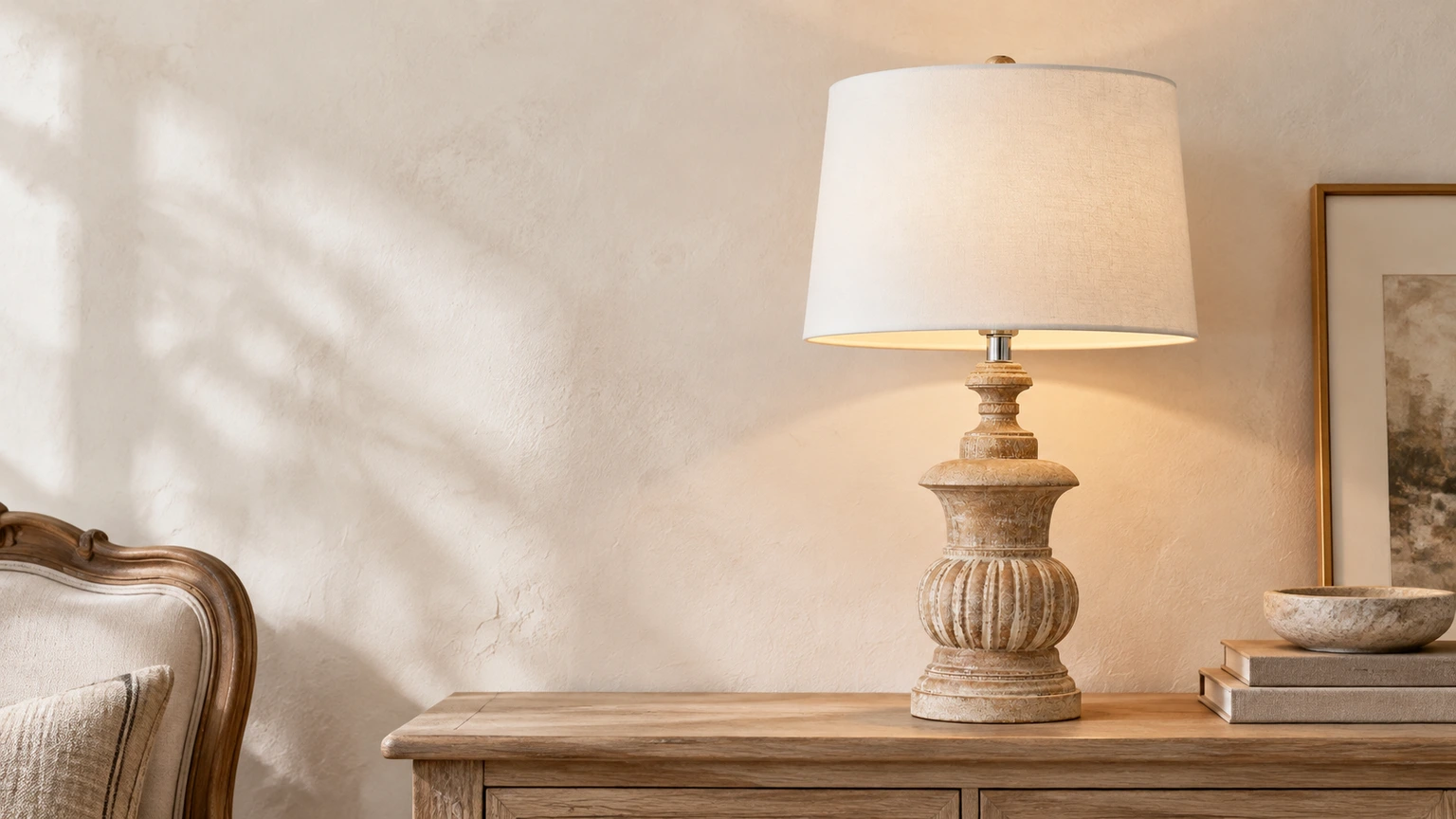Elodie French Country Carved Wood and Fabric Table Lamp editorial room banner
