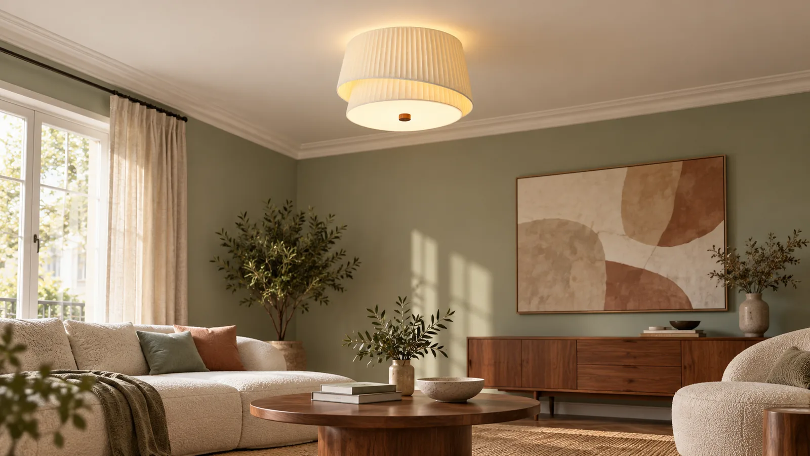 Layered fabric flush-mount ceiling light in a designed French mid-century living room