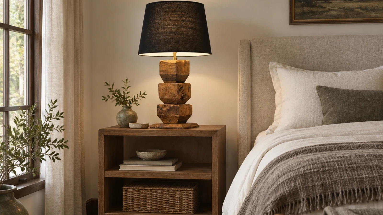 Solid wood stacked table lamp centered on a bedroom console