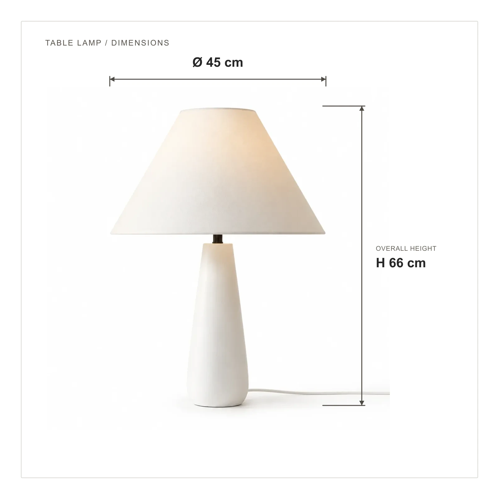Table lamp dimensions: shade diameter 45 centimetres, overall height 66 centimetres