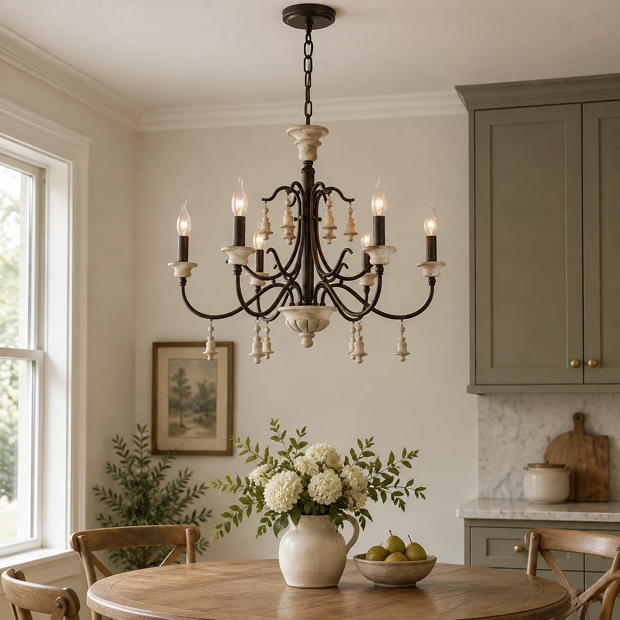 Clara chandelier in an aged white breakfast nook