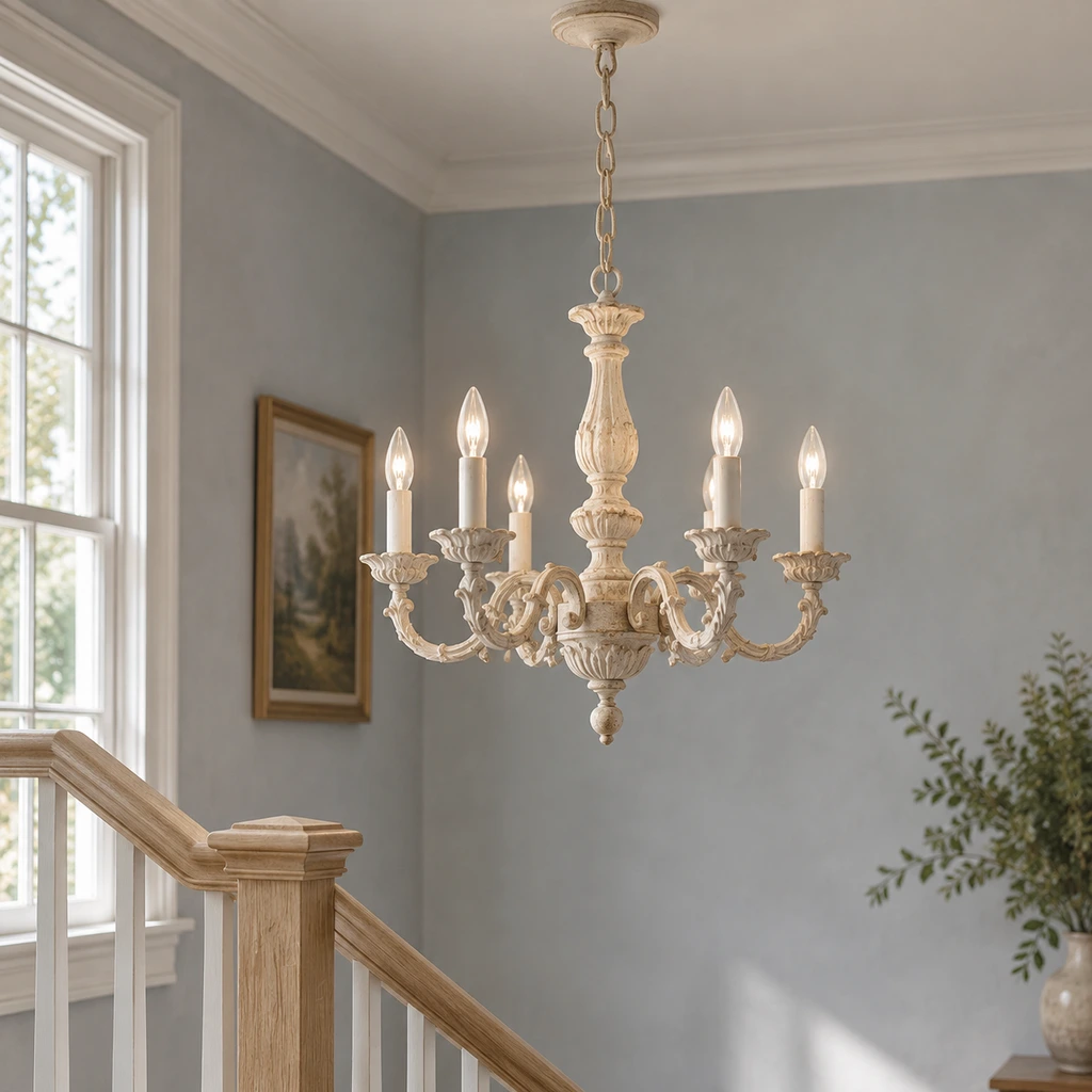 Valencia vintage carved ivory candle chandelier above a cool blue-gray staircase landing