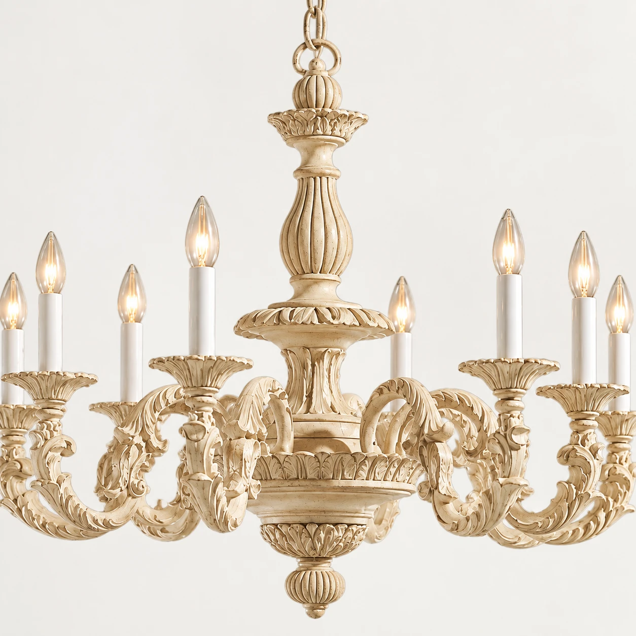 Close view of the carved central hub and fluted spindle
