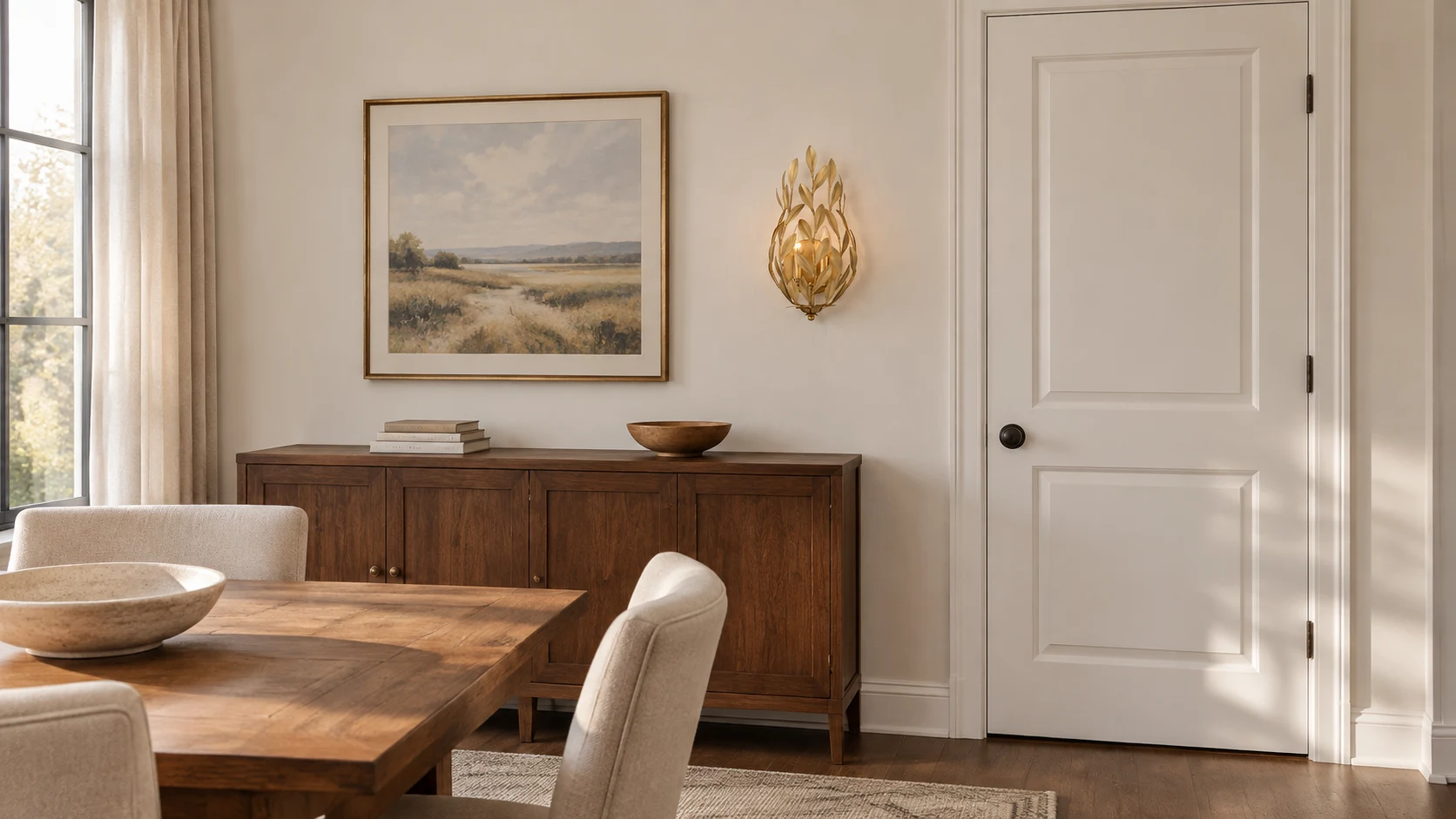 Elise gold leaf wall sconce in an ordinary American family dining room