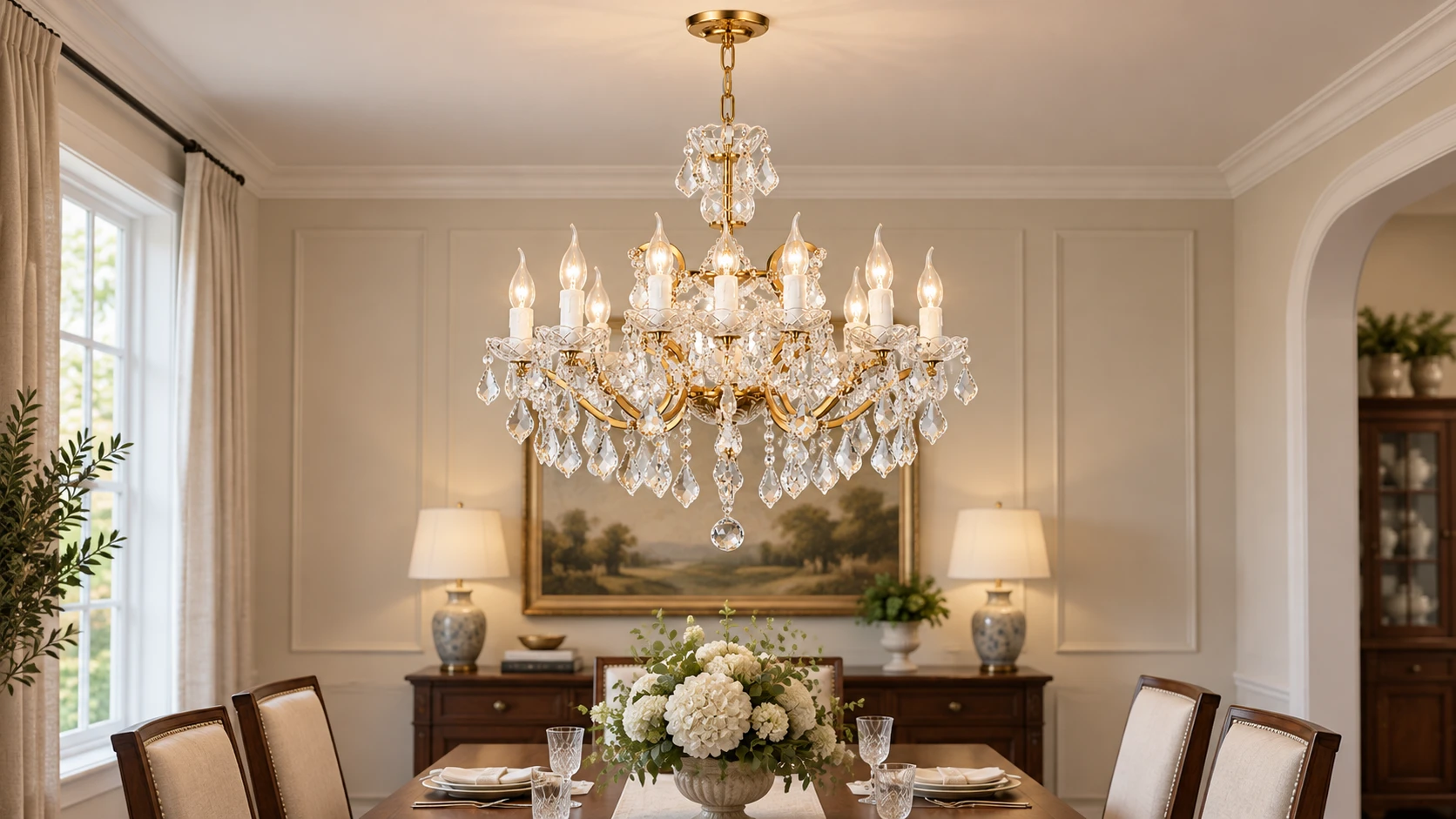 Aurelia 12-Light bright gold crystal chandelier centered above an American dining table