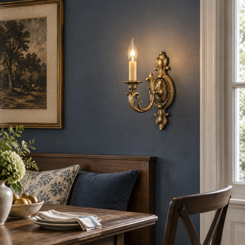 Marcellus ornate gold wall sconce beside a walnut dining banquette against slate-blue plaster