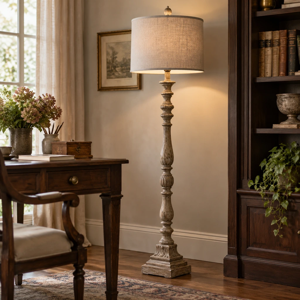 Merritt carved wood floor lamp beside a walnut study desk