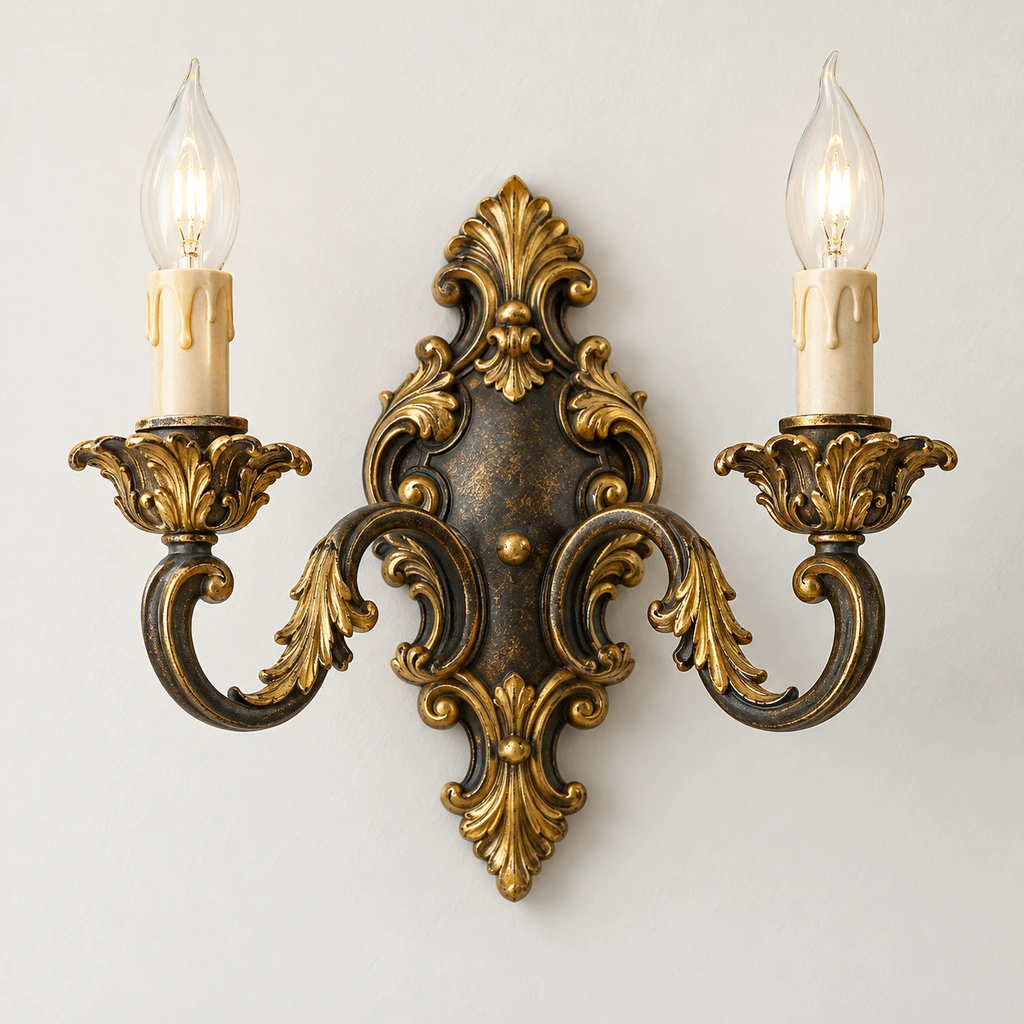 Close detail of gold leaf scrollwork and dark antique metal relief