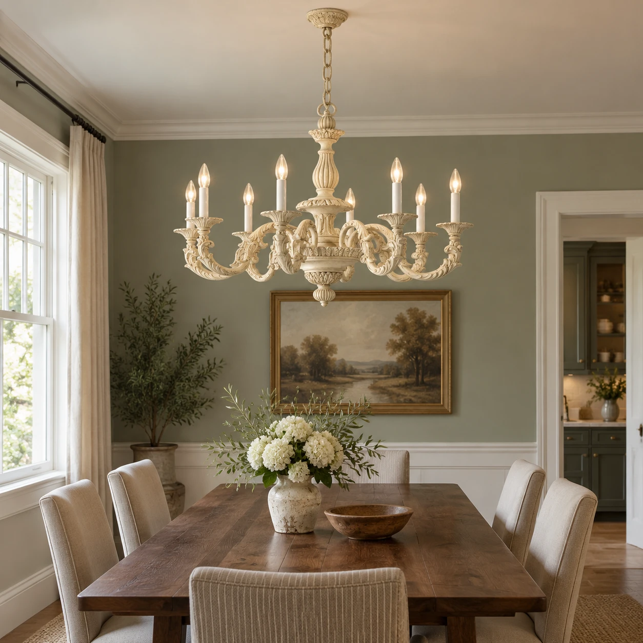 Large Aveline chandelier over a longer dining table