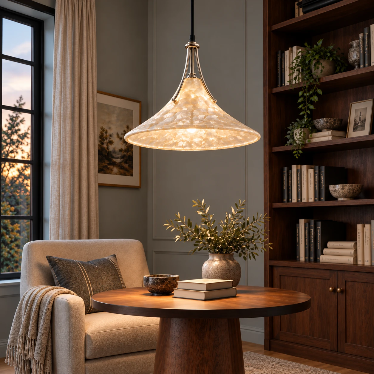 Maeve shell pendant in a reading corner
