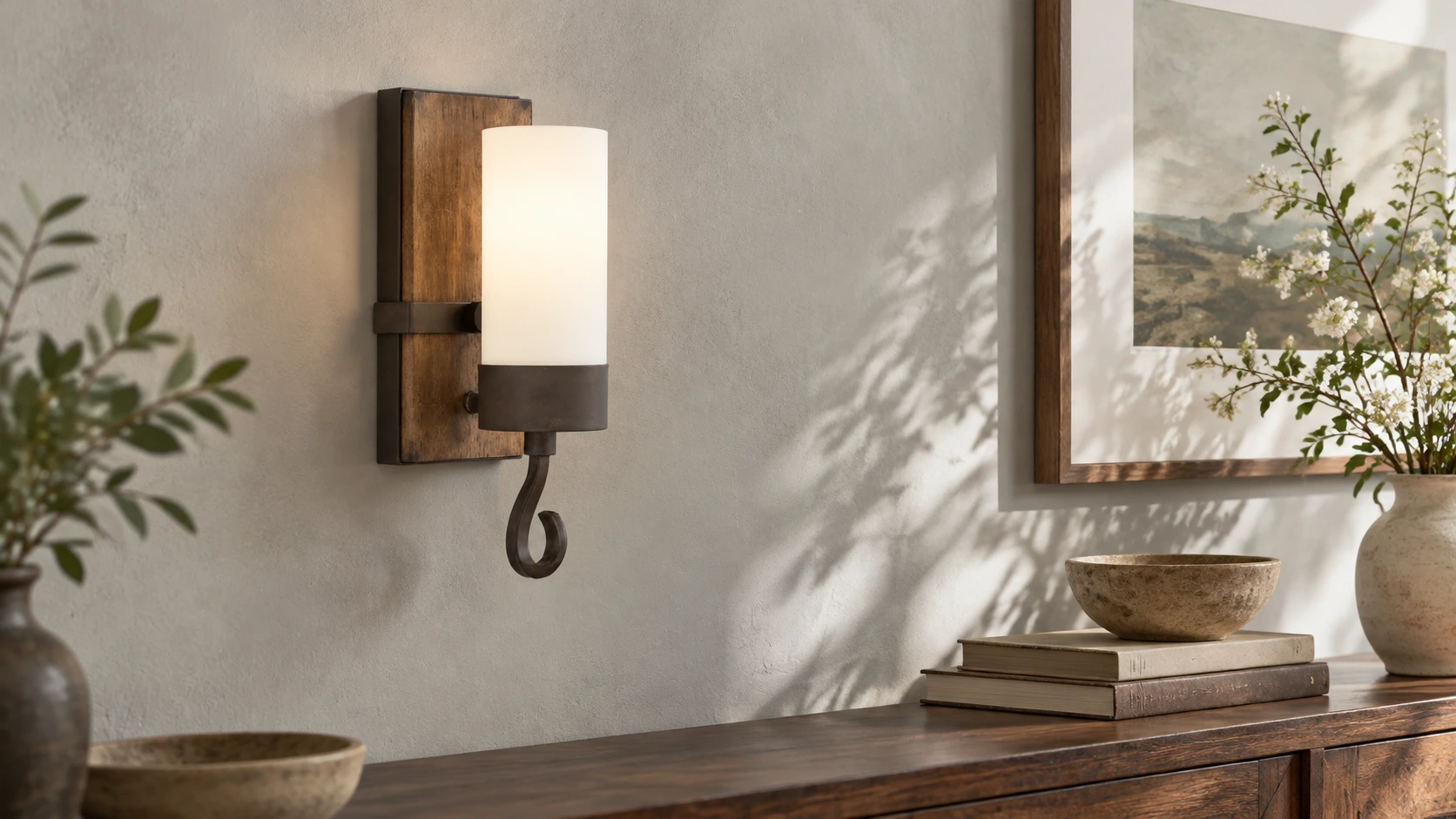 Carved wood wall sconce mounted flush on a cool plaster wall above a walnut console
