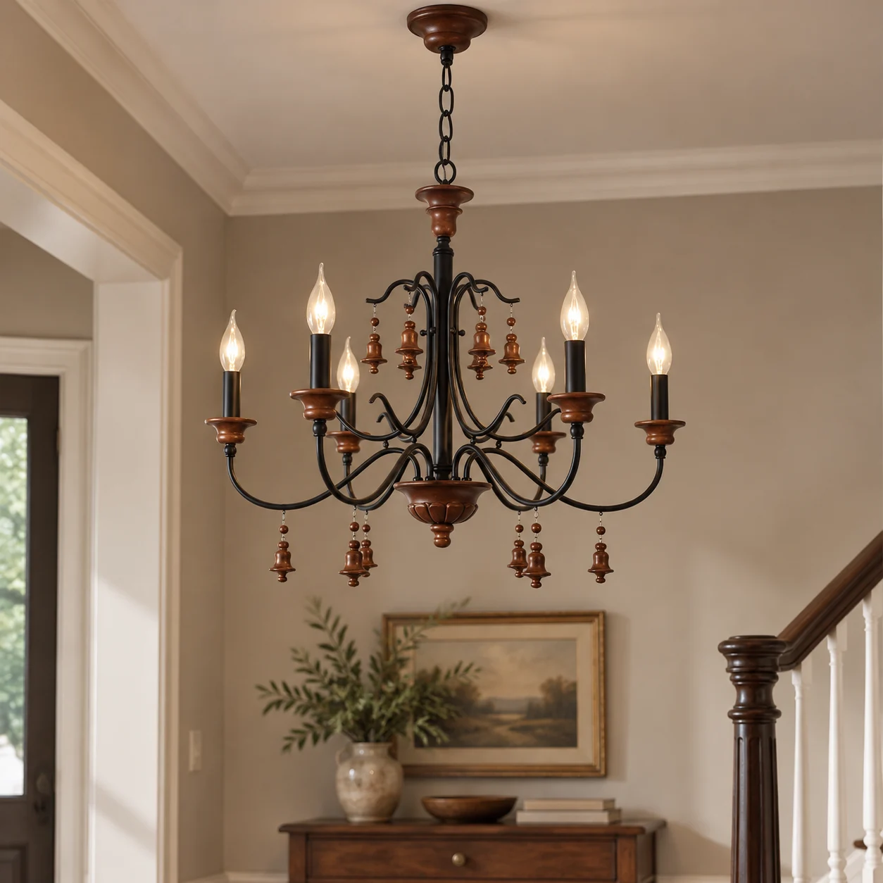 Clara chandelier at an entry hall in a walnut finish