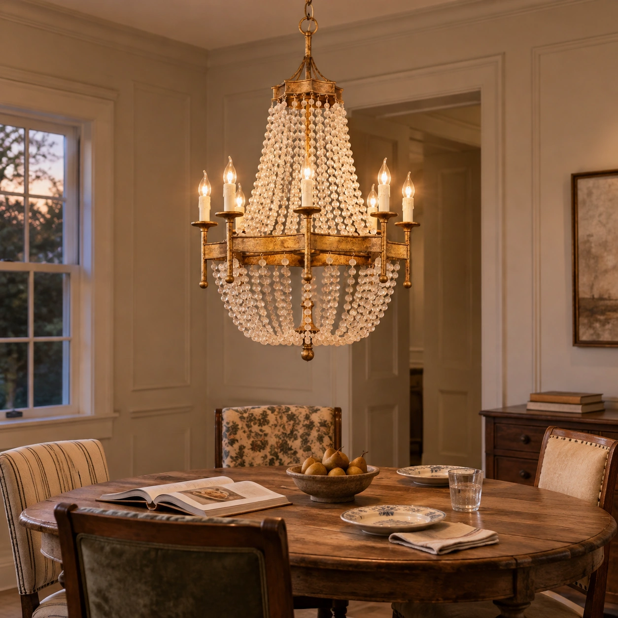 Vintage gold crystal chandelier above a dining table
