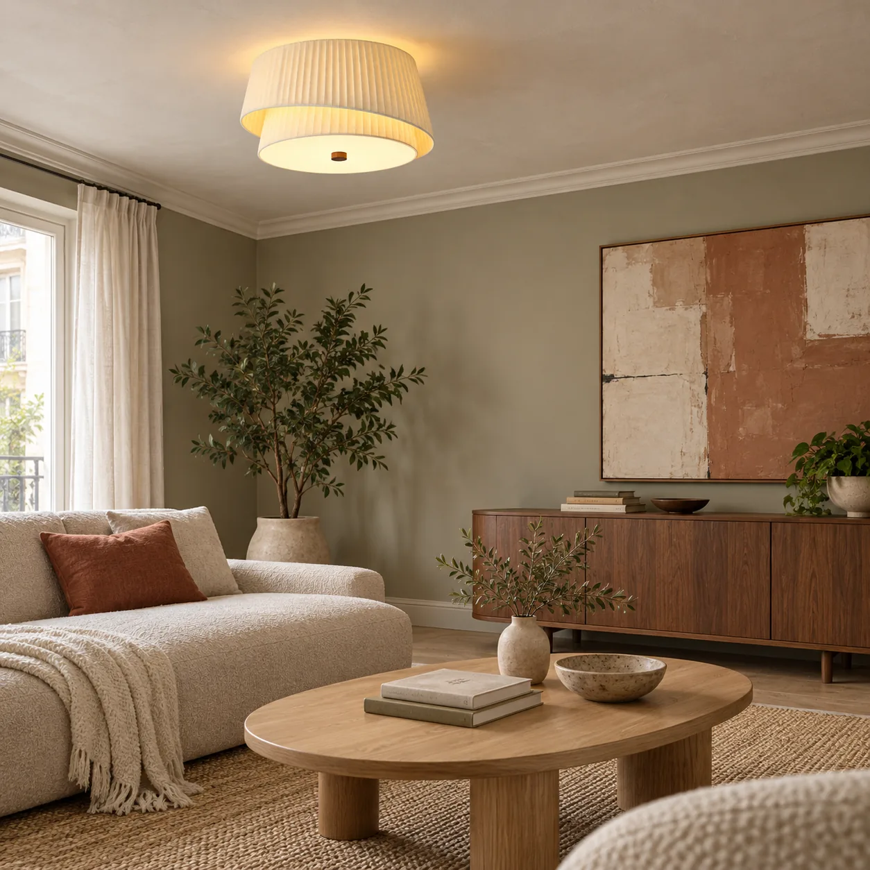 50 cm cream fabric ceiling light in a layered living room
