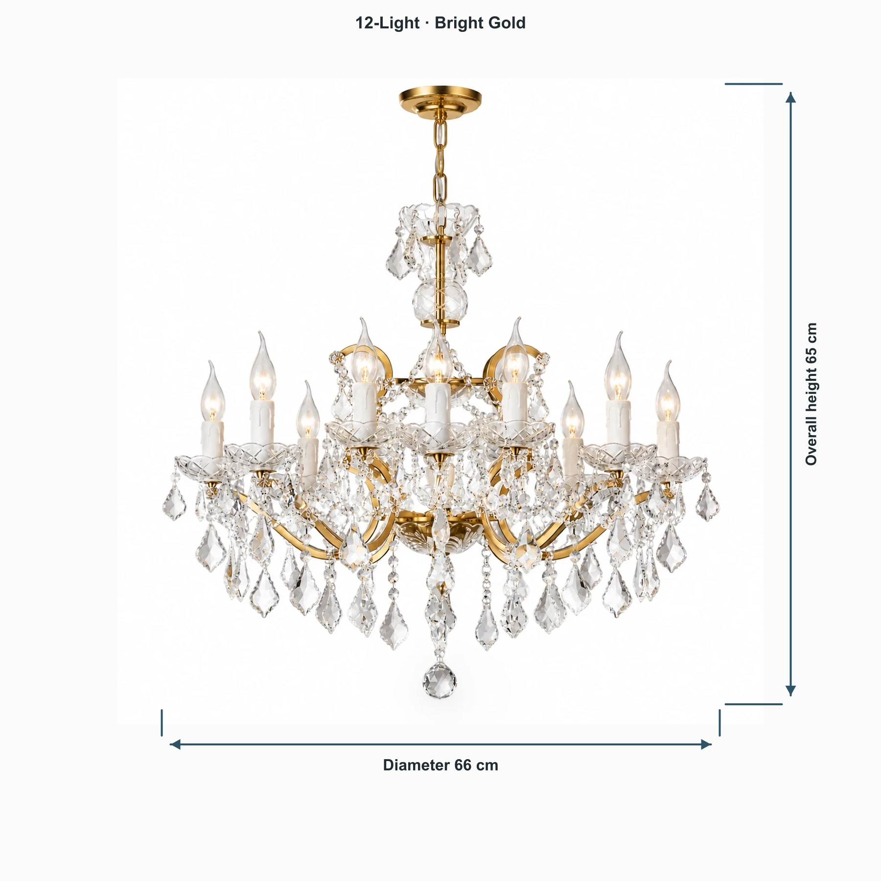Aurelia 12-Light Bright Gold dimensions: diameter 66 cm, overall height 65 cm