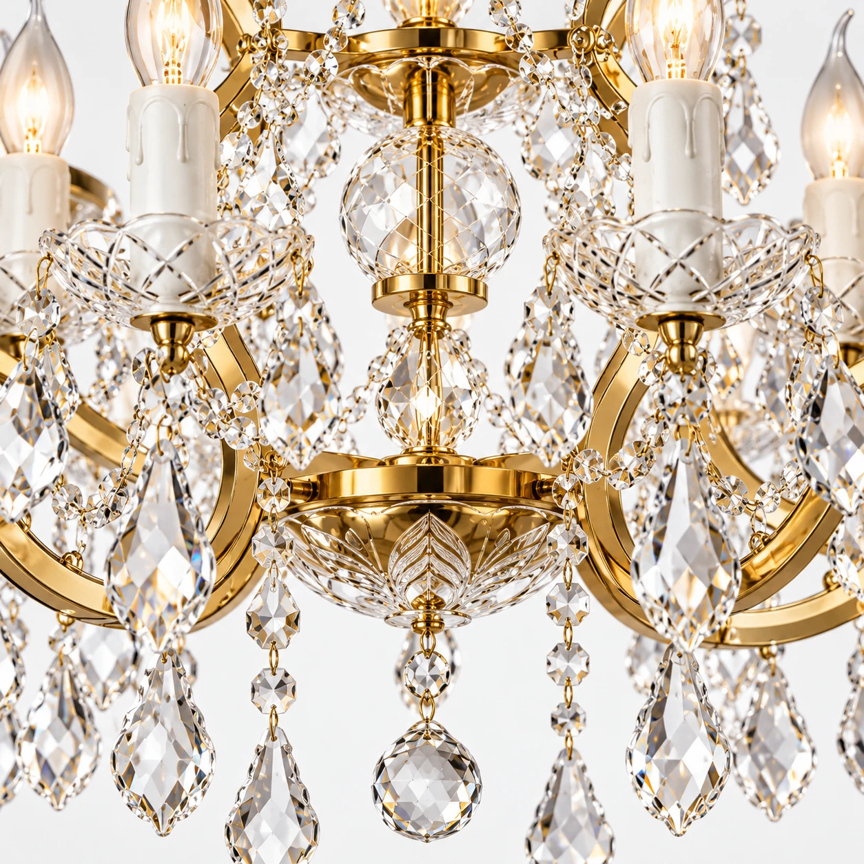 Close view of Aurelia bright gold finish and faceted crystal