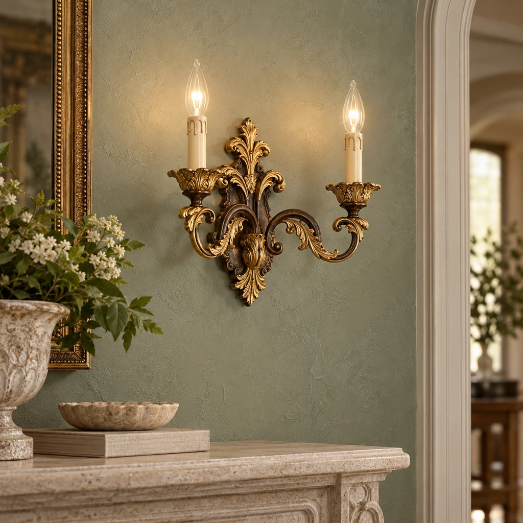 Marcellus ornate gold wall sconce above a pale limestone console in a sage entry