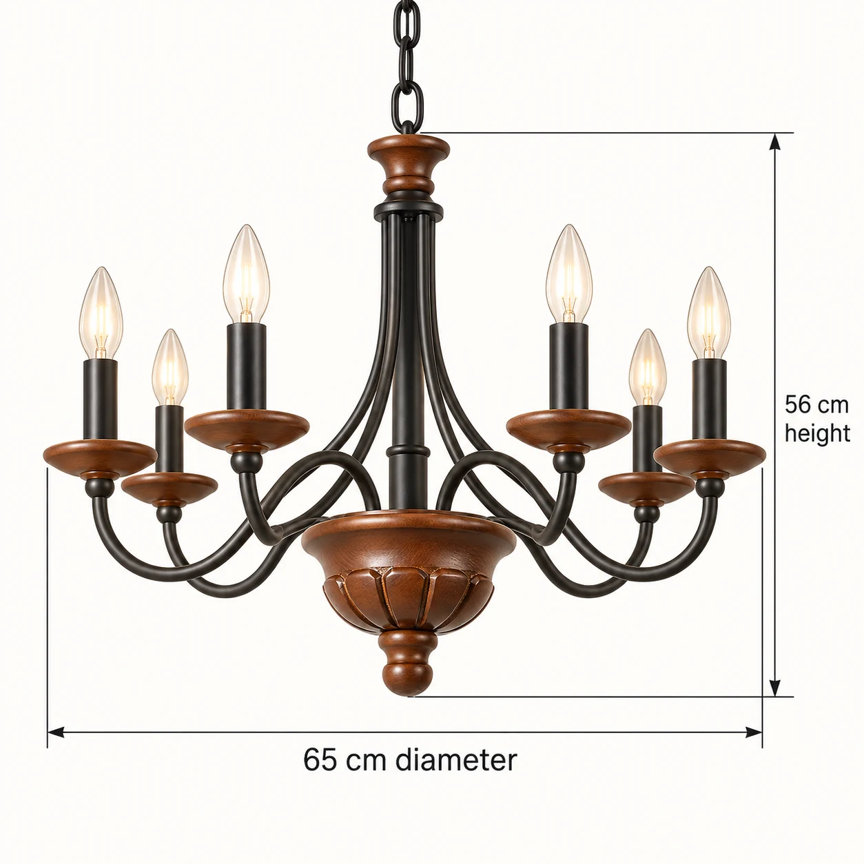 Clara six-light chandelier dimensions: 65 cm diameter and 56 cm height