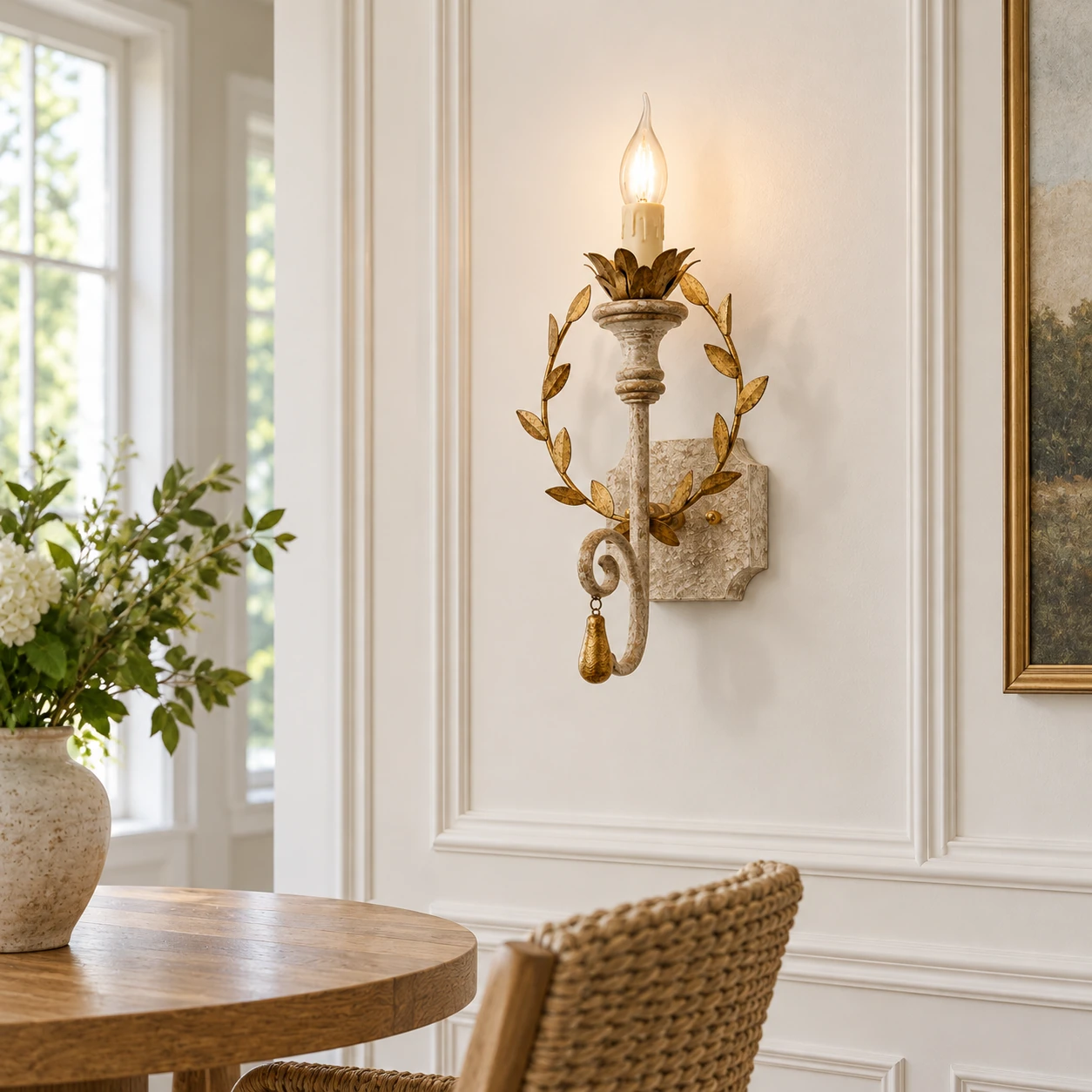 Nora wall sconce installed beside a dining area