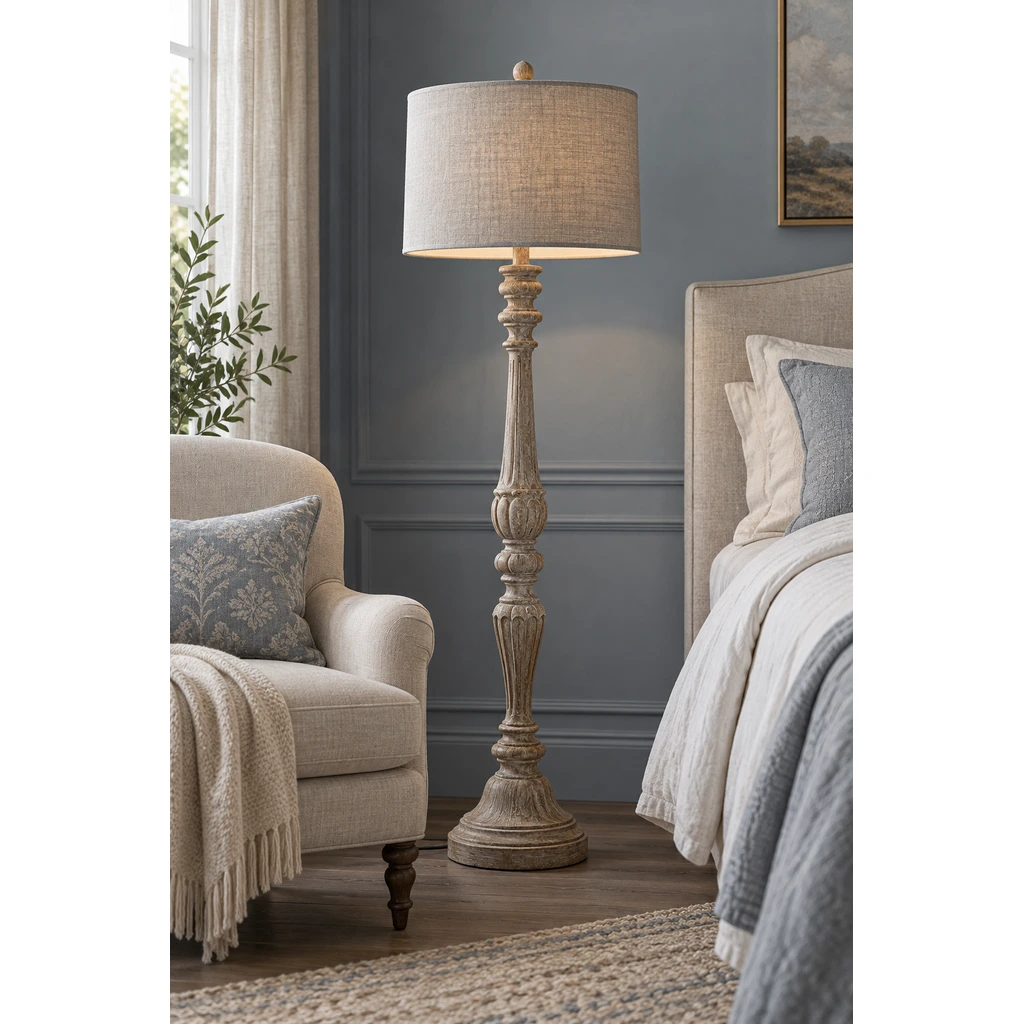 Merritt carved wood floor lamp in a blue-gray bedroom reading corner