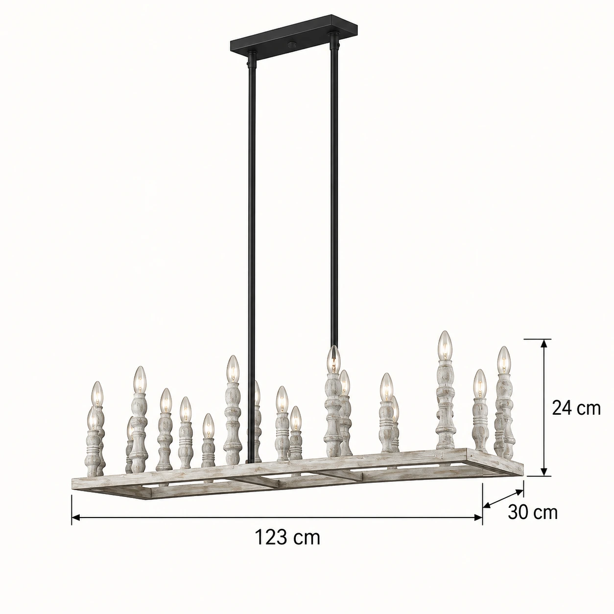 Rectangular 20-light chandelier: 123 centimetres wide, 30 centimetres deep, 24 centimetres fixture height