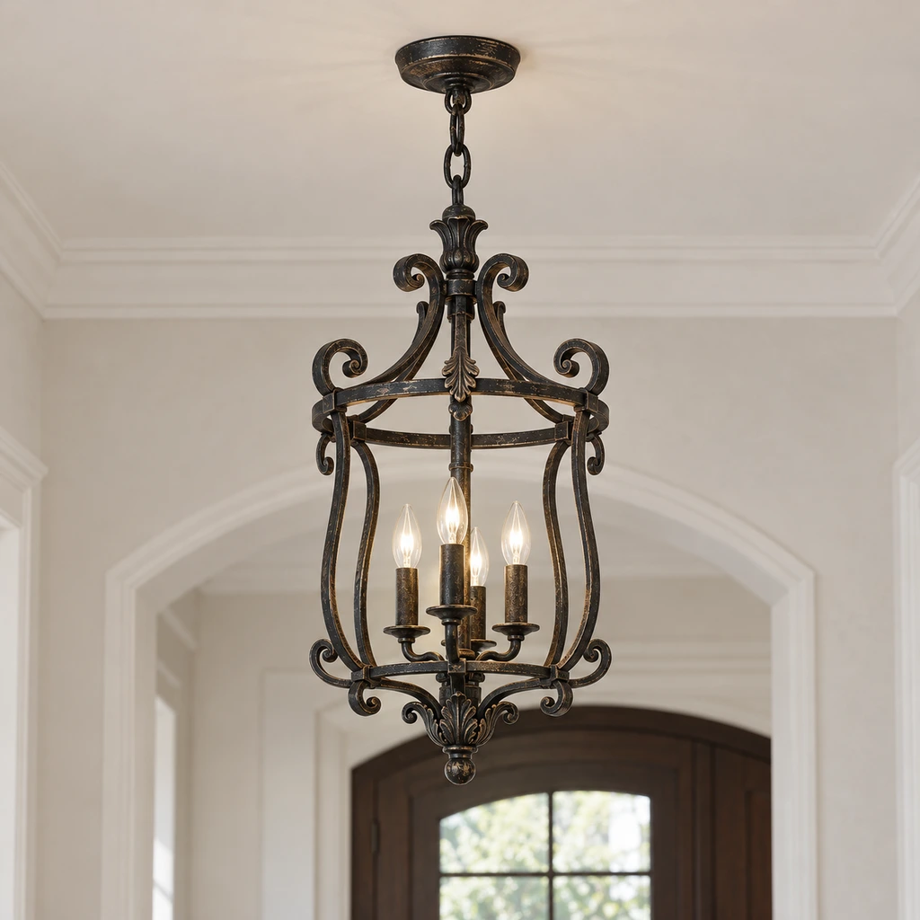 Harrow six-light vintage iron chandelier in a bright double-height entry