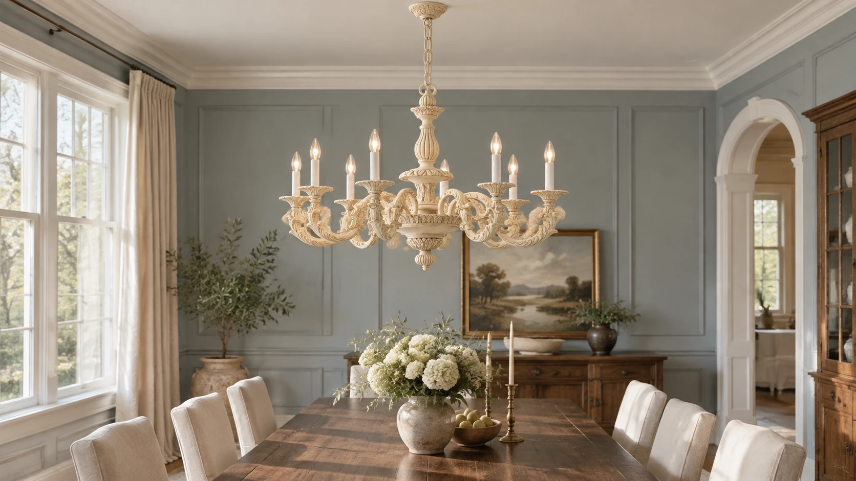 Aveline carved wood chandelier centered above a dining table