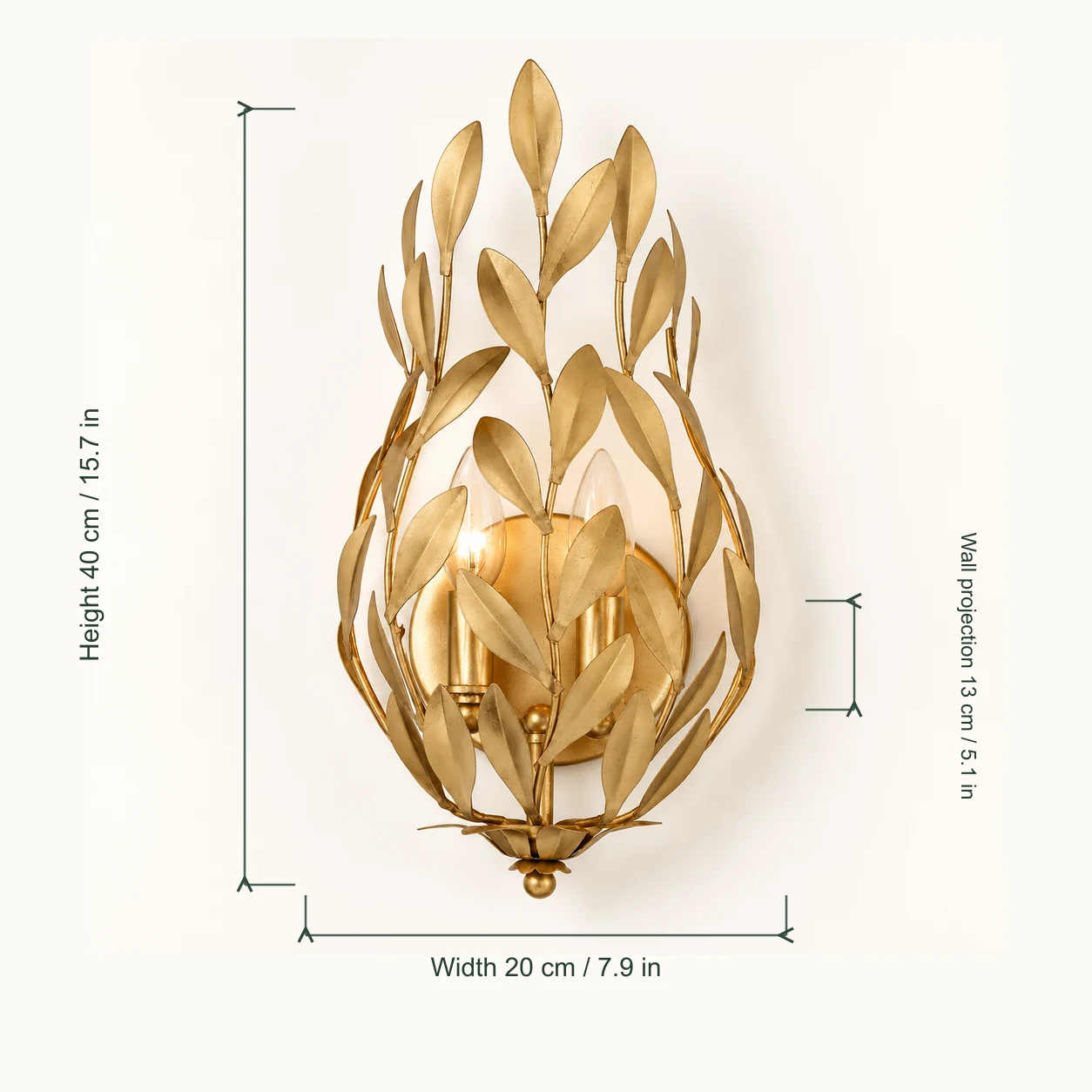 Elise leaf-branch iron wall sconce dimensions: 20 cm wide, 40 cm high and 13 cm wall projection