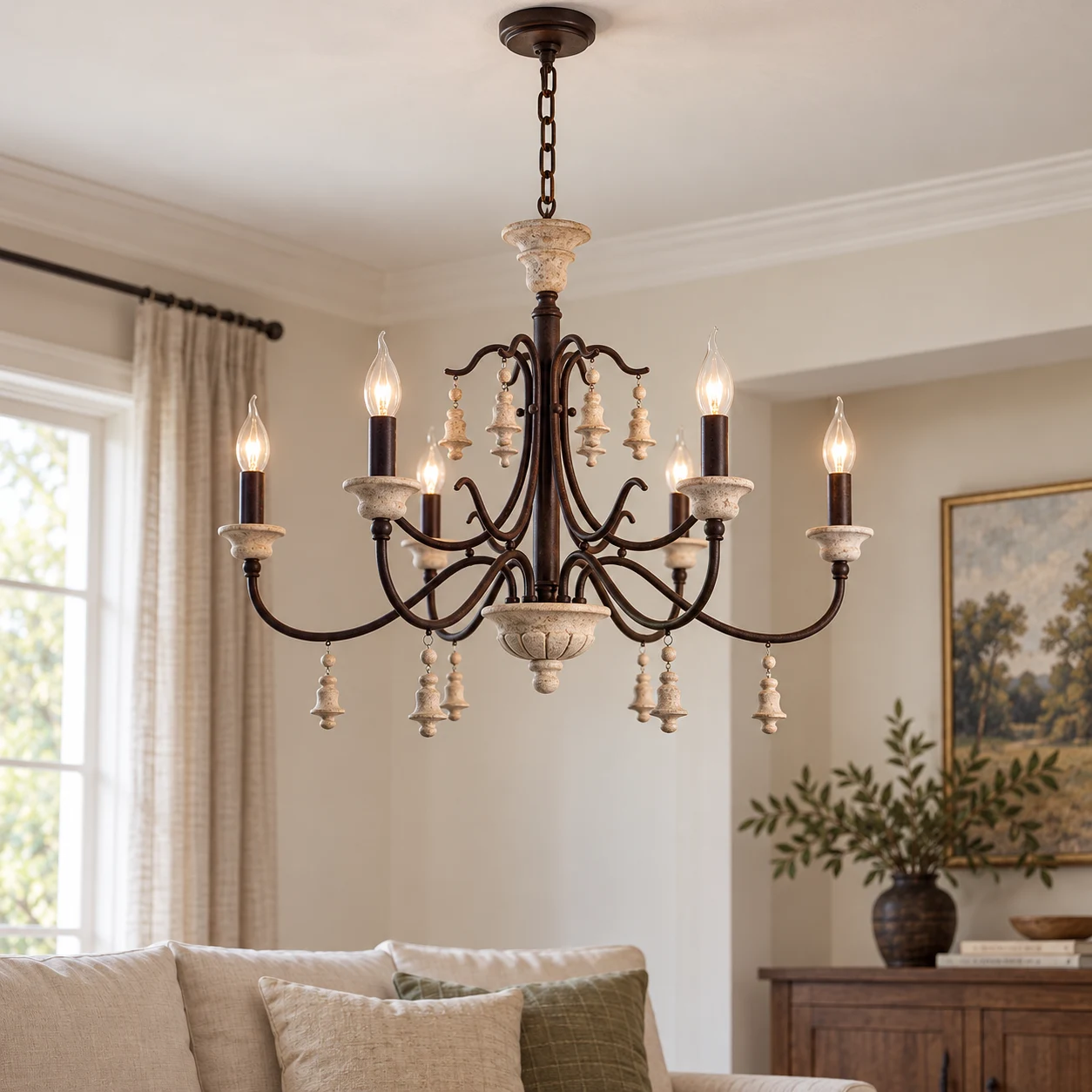 Clara chandelier in an aged white living room