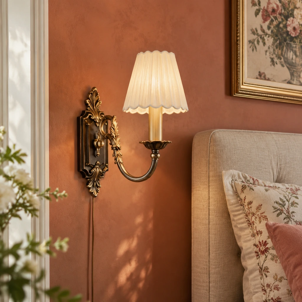 Marcellus ornate gold wall sconce beside a linen headboard against muted terracotta plaster