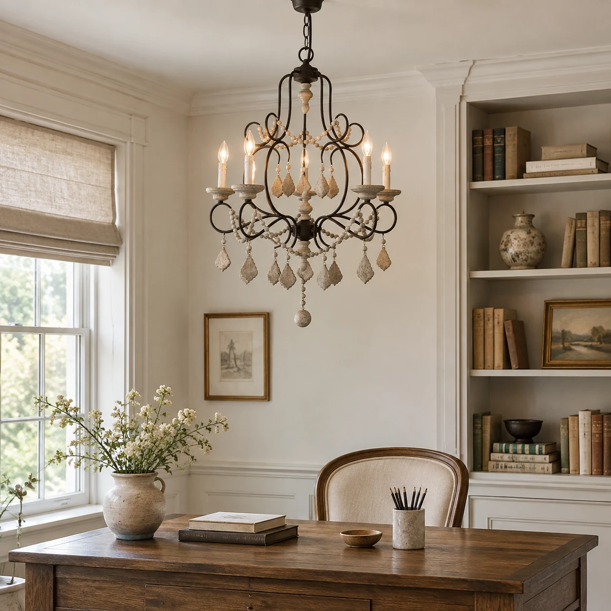 Mara branching chandelier above a walnut writing table in a home study