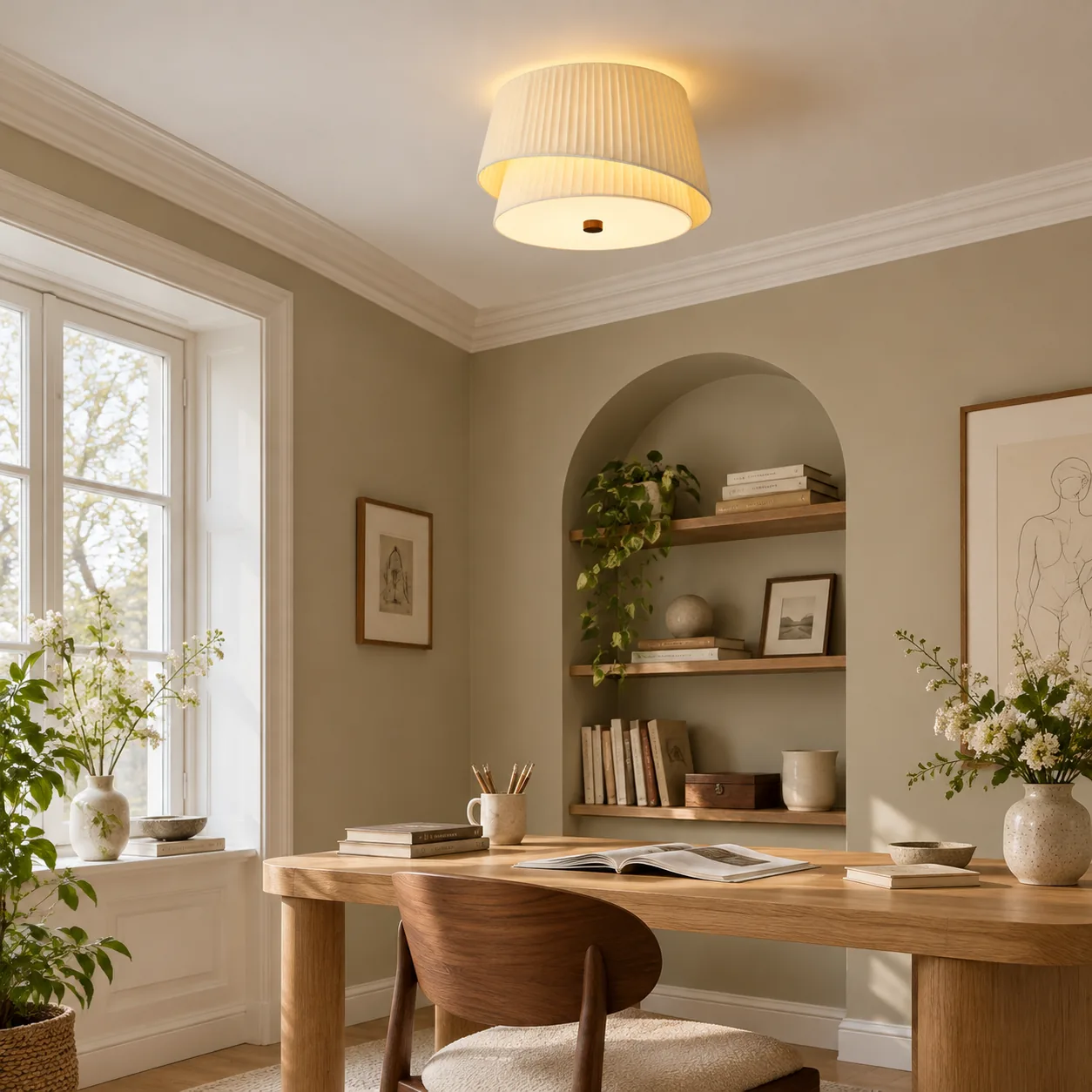 40 cm cream fabric ceiling light in a designed study