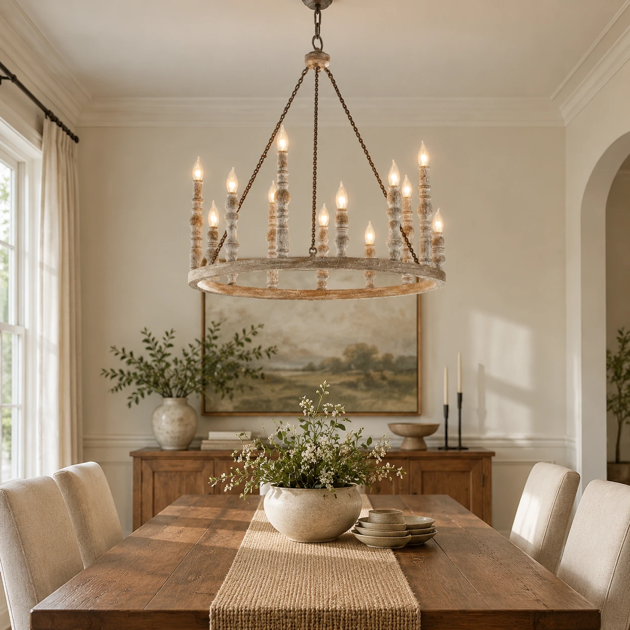 Single-layer carved wood chandelier above a dining table
