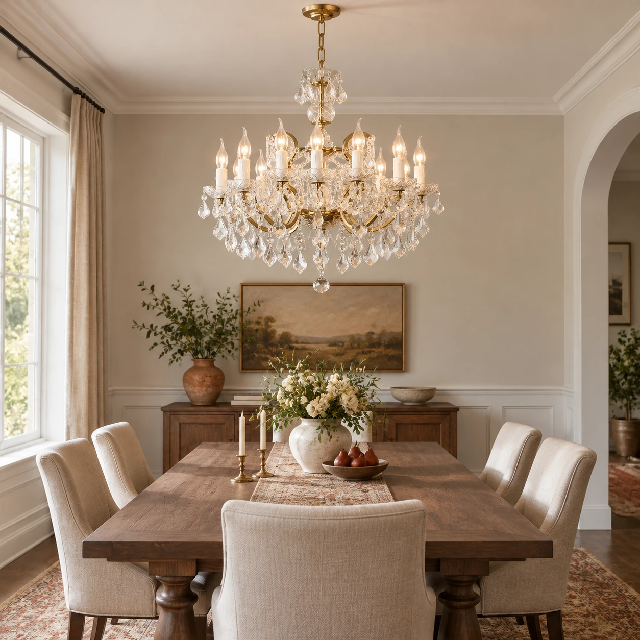 Aurelia 12-Light chandelier above a traditional American dining table