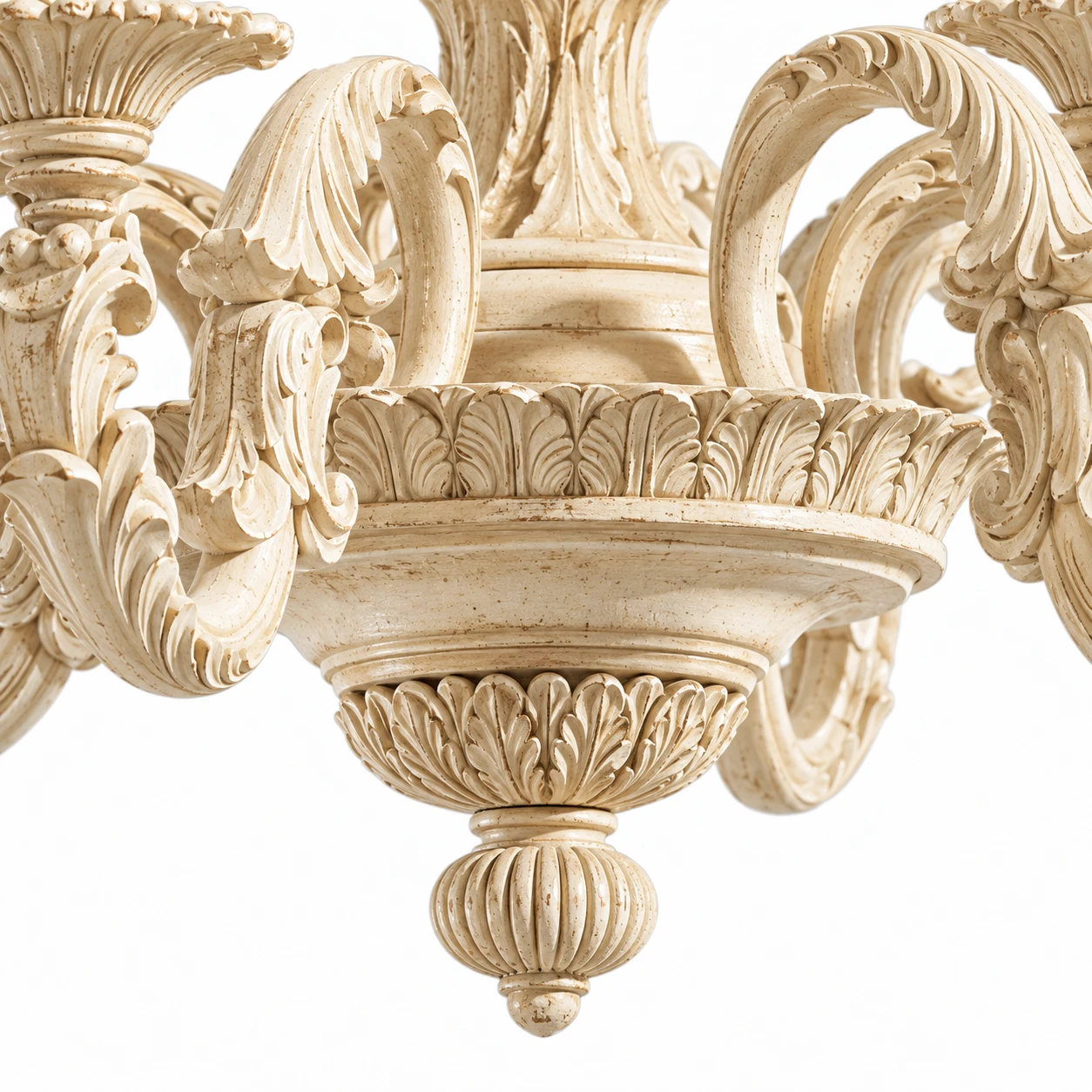 Close view of the lower carved finial and branch detail