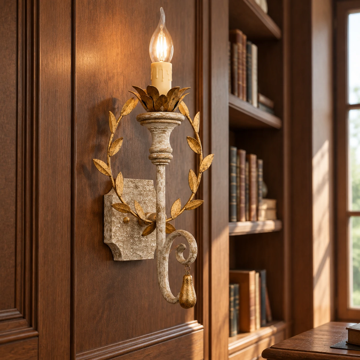 Nora wall sconce in a walnut-paneled home library