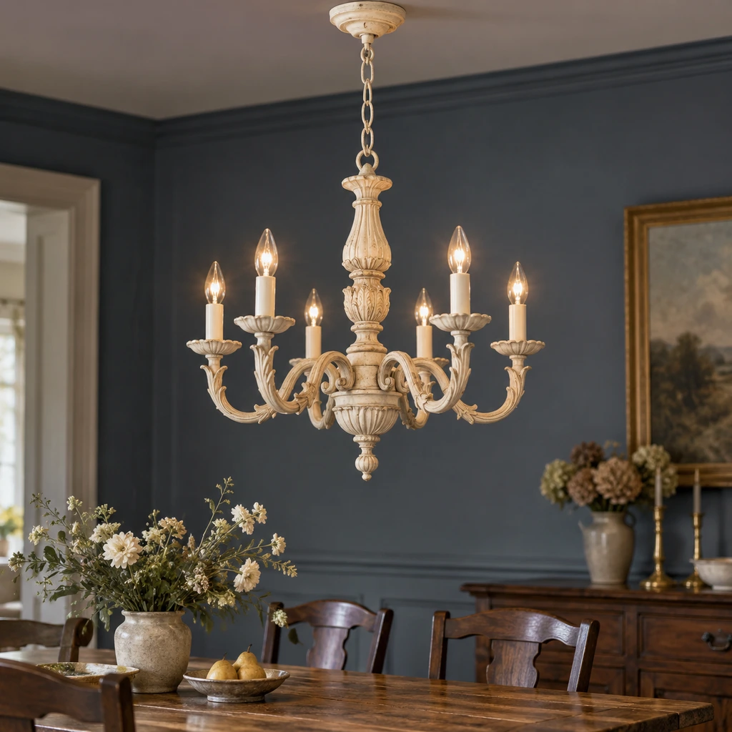 Valencia vintage carved ivory candle chandelier above a walnut dining table against slate-blue plaster