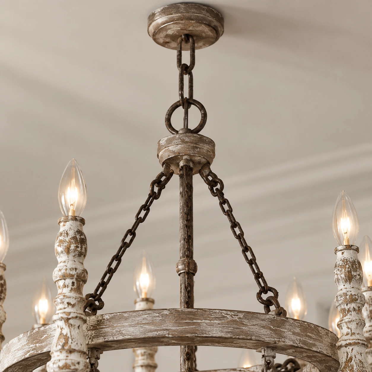 Close view of iron chain and chandelier frame