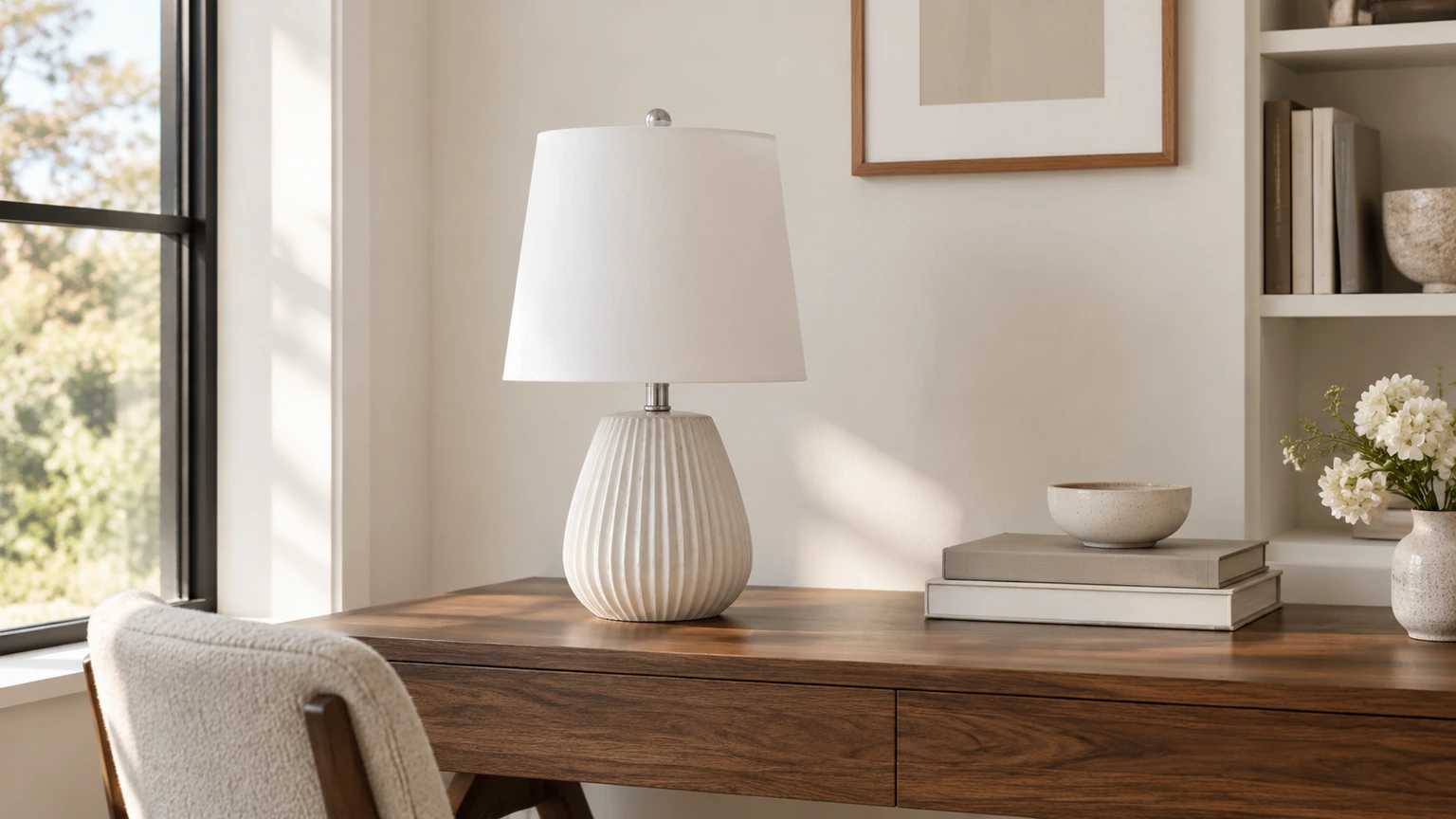 Clara fluted carved wood table lamp on a walnut console in a home study