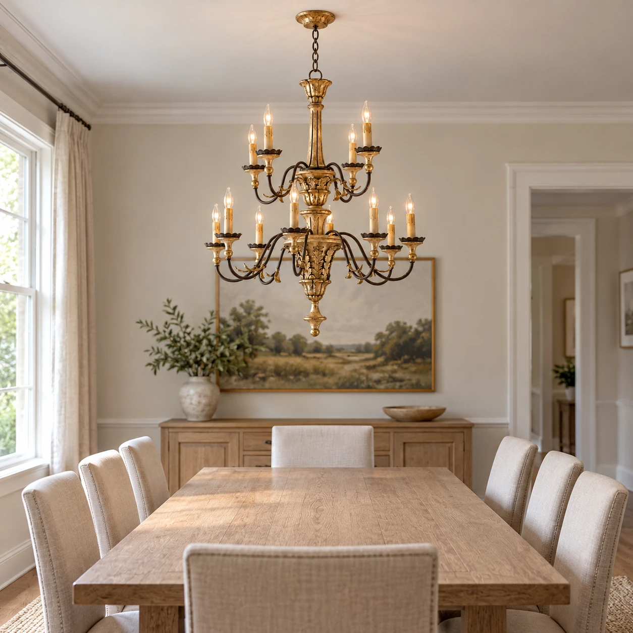 Aurelia Vintage Double-Tier Gold-Leaf Carved Wood Chandelier in Traditional American dining room