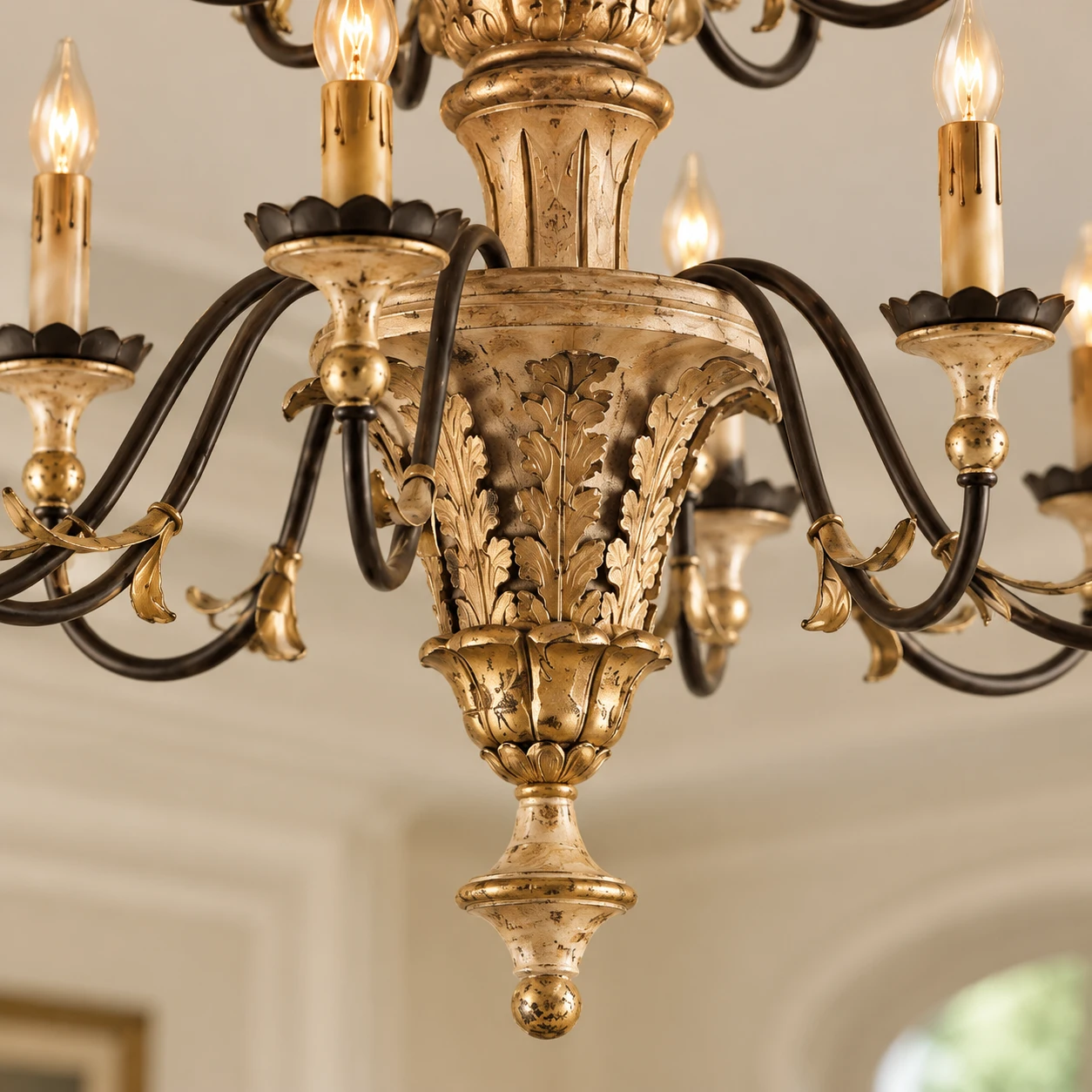 Close detail of the Aurelia Vintage Double-Tier Gold-Leaf Carved Wood Chandelier lower finial and gold-leaf finish