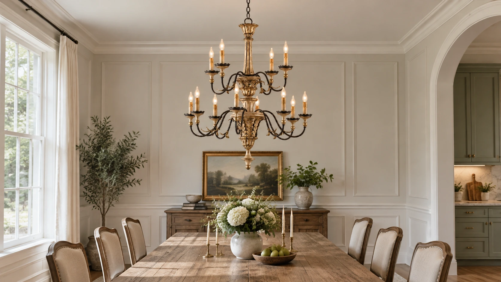 Aurelia Vintage Double-Tier Gold-Leaf Carved Wood Chandelier centered above an American dining table