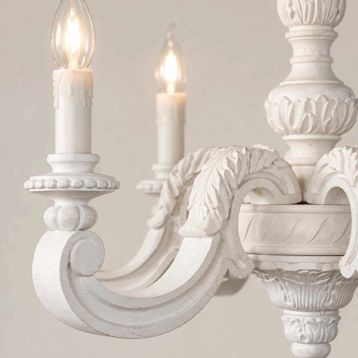 White finish candle cup and curved wood arm detail