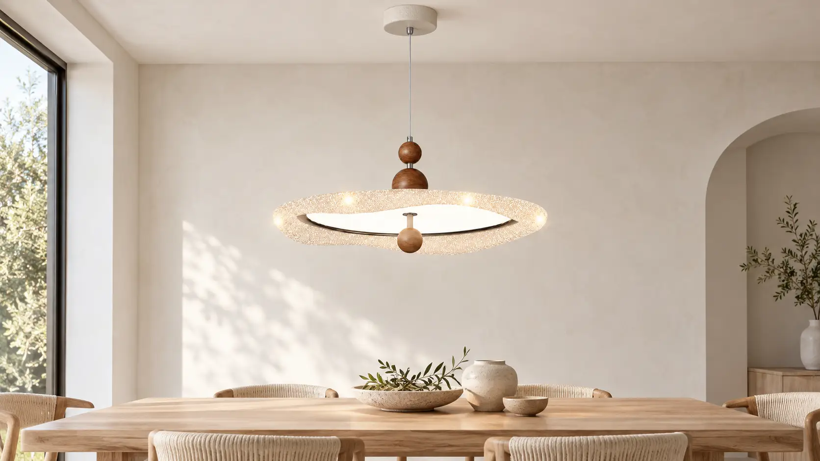 Elara round pendant light above a neutral dining room
