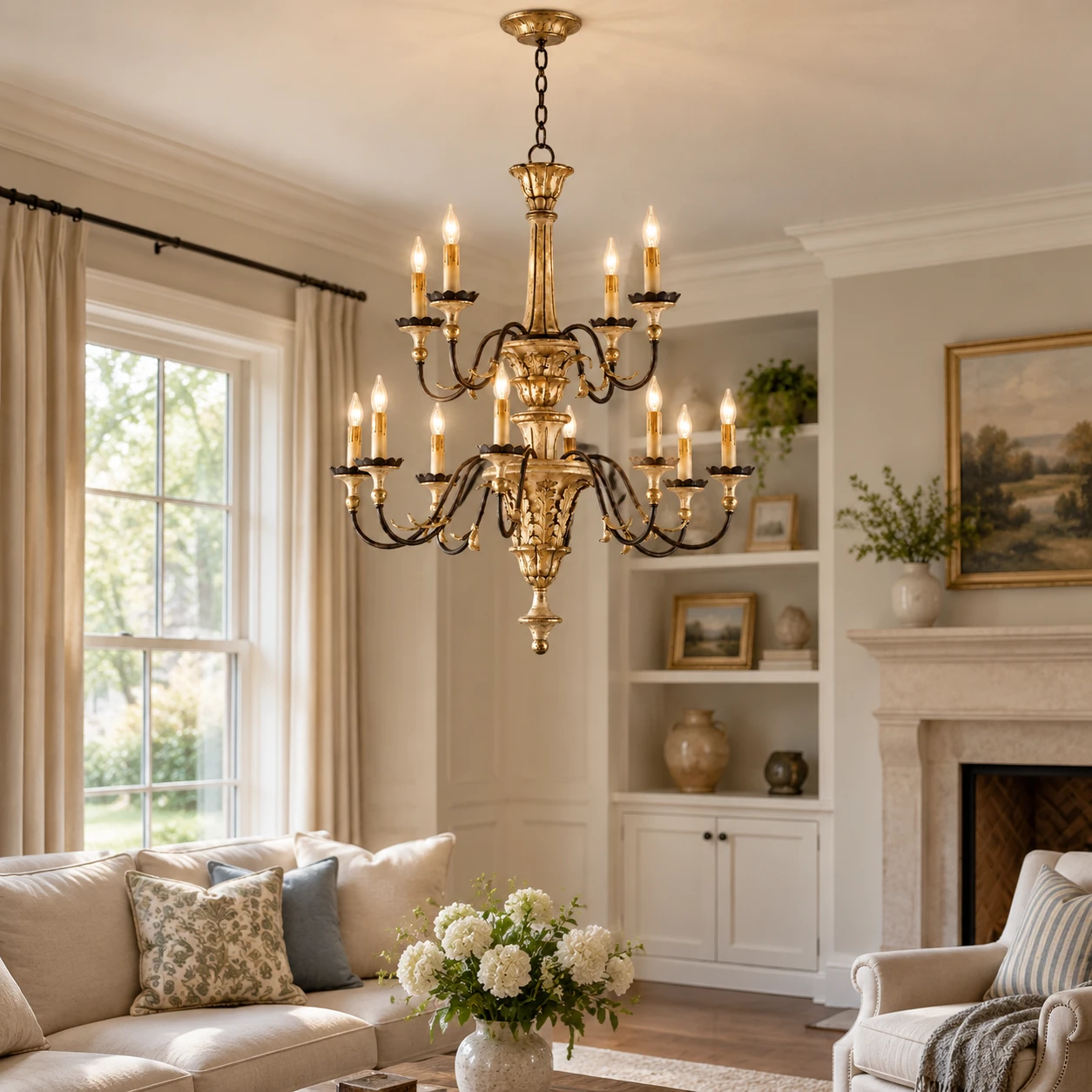 Aurelia Vintage Double-Tier Gold-Leaf Carved Wood Chandelier in American living room