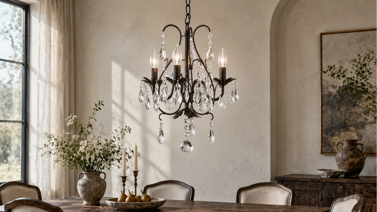 Rowan American Vintage Crystal-Drop Iron and Crystal Chandelier editorial room banner
