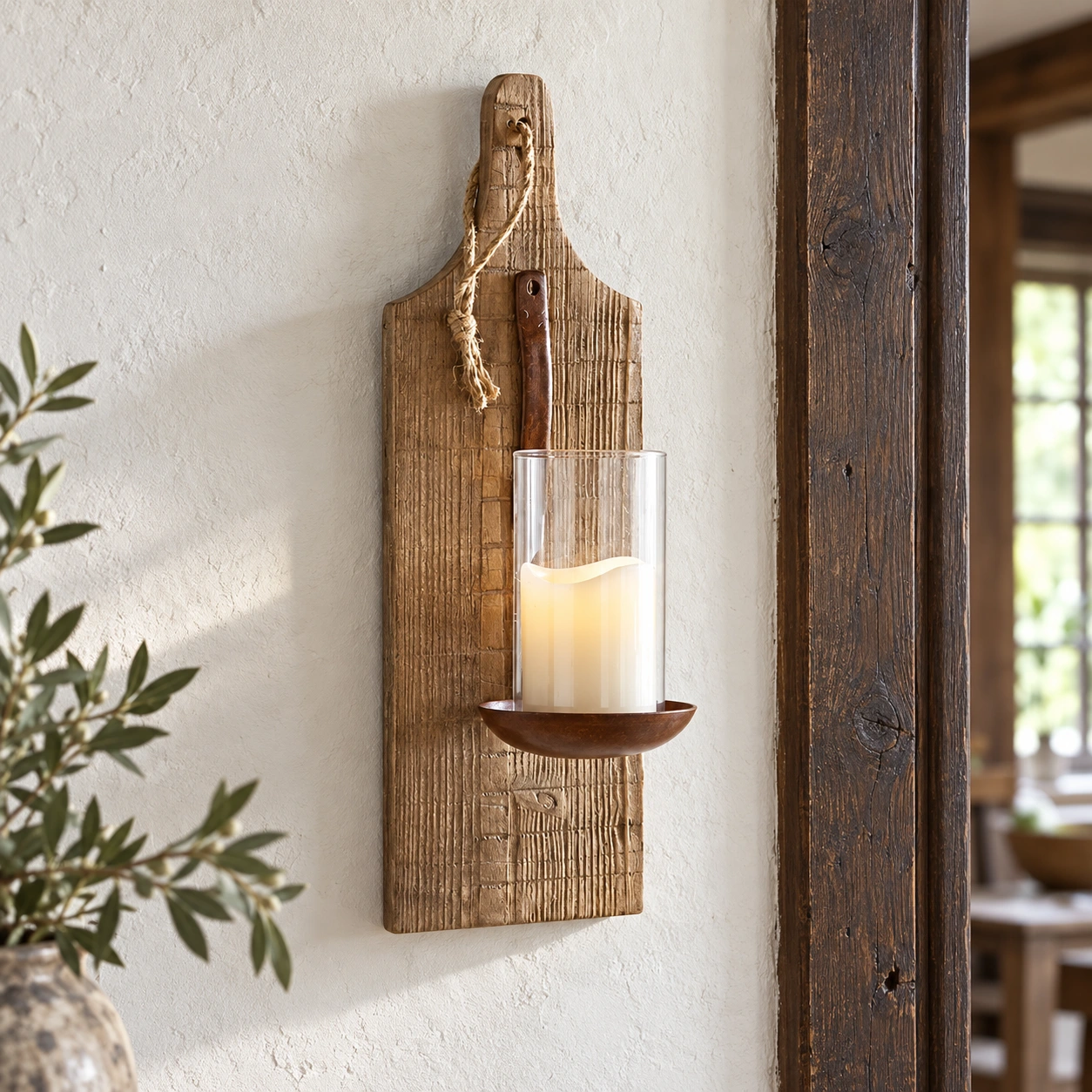 Carved wood and glass detail of Amelia Vintage Carved Wood Wall Sconce