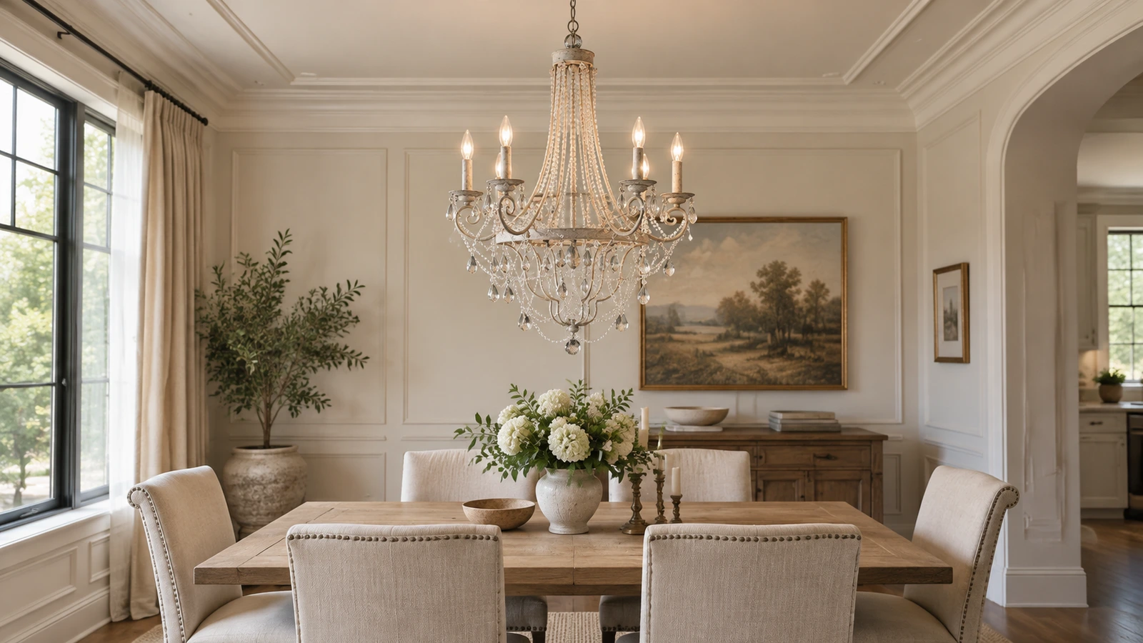 Maeve crystal iron chandelier above a dining table in a residential home